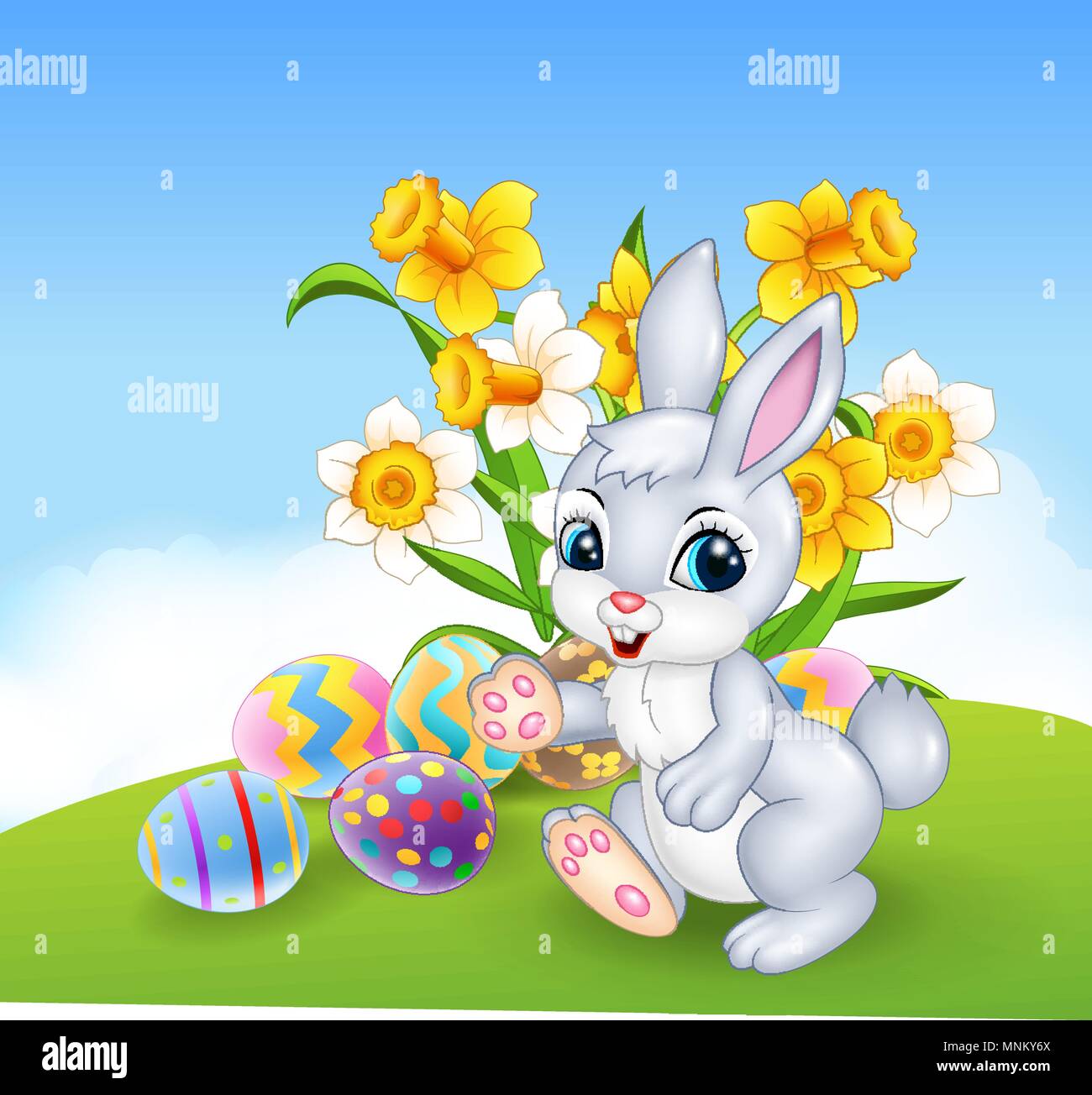 Cartoon happy bunny with colorful Easter eggs Stock Vector Image & Art ...