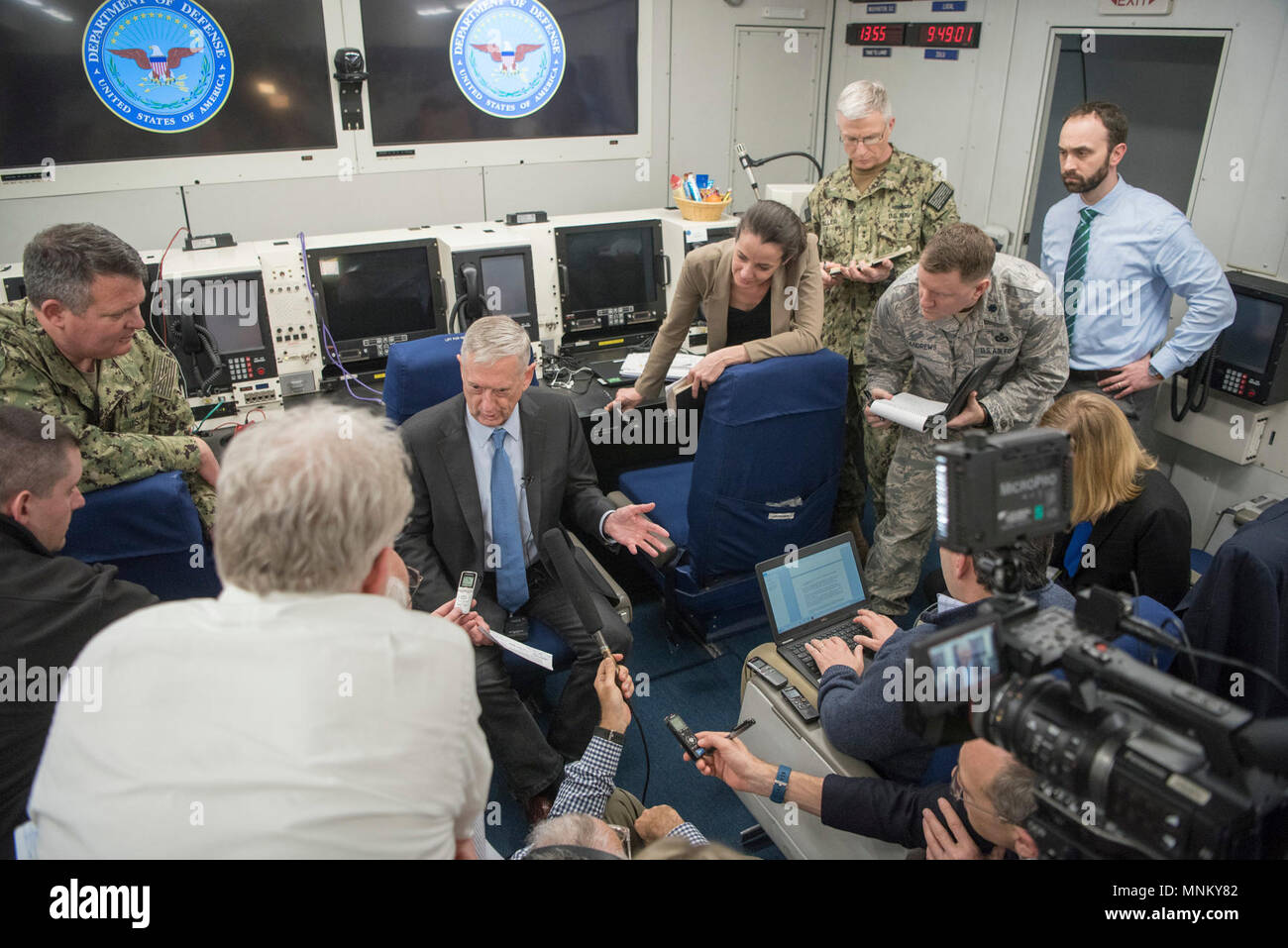 Defense Secretary James N. Mattis speaks to memebers of the press during a flight to Andrews Air Force Base, Md., Mar. 15, 2018. (DoD Stock Photo
