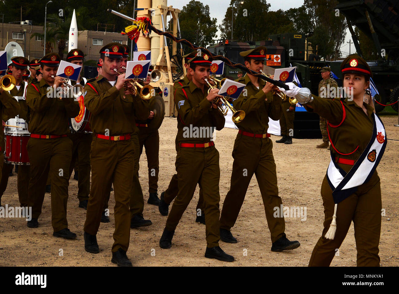 The Israeli Defense Force band performs during a closing ceremony at an exercise site in Israel for Juniper Cobra March 15. Juniper Cobra 18 is a ballistic missile defense joint U.S.-Israel exercise that uses computer simulations to train forces  and enhance interoperability. Stock Photo