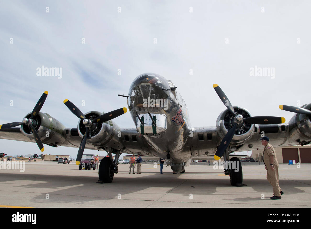 A B-17 Flying Fortress lands at Luke Air Force Base, Ariz., for Luke Days on March 16, 2018. Luke Days presents military airpower and civilian acts over two days from March 17-18 to a public audience of hundreds of thousands of attendees from Arizona and around the world. Stock Photo