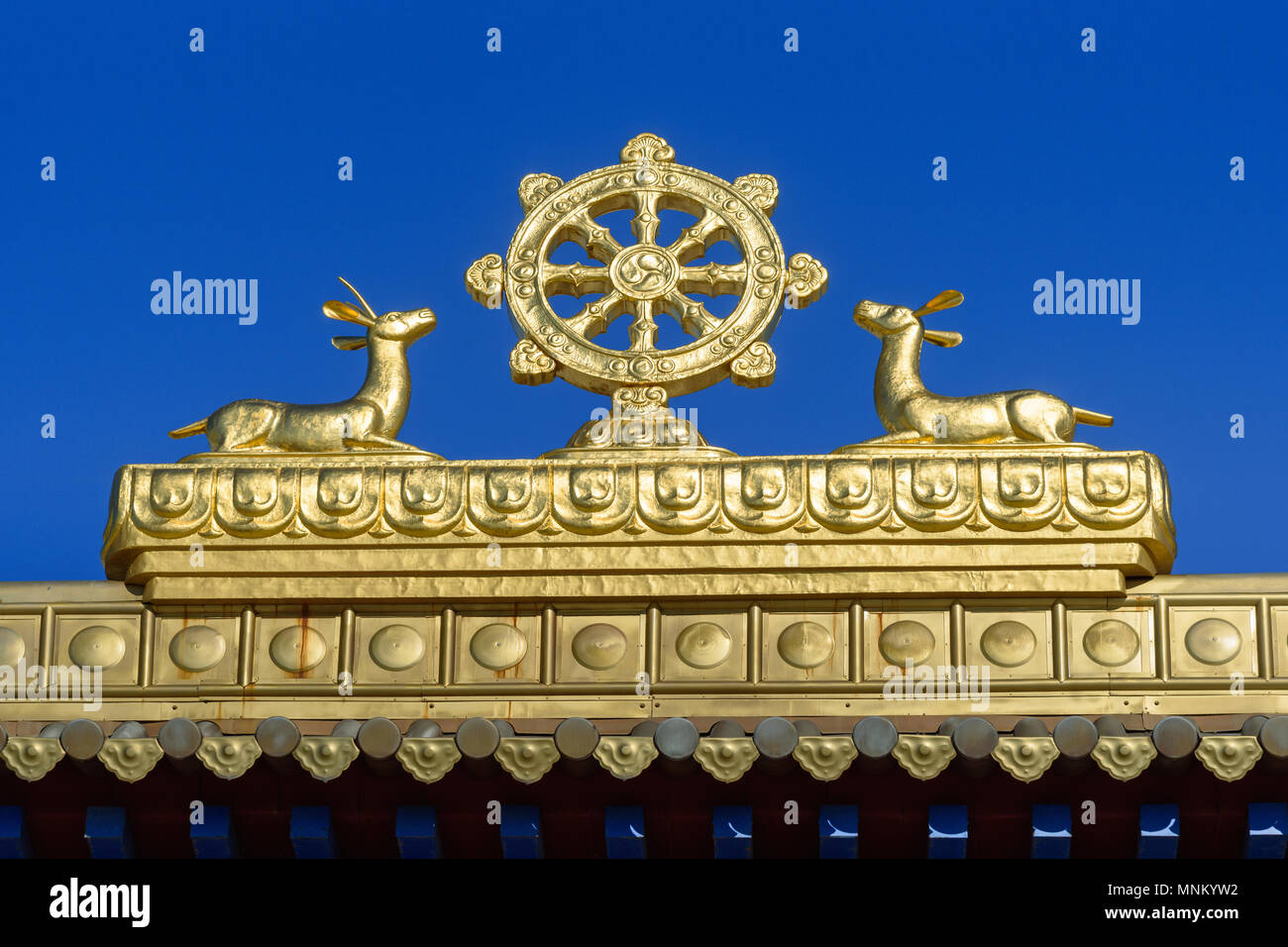 Element of Gate to Buddhist complex Golden Abode of Buddha Shakyamuni in spring. Elista. Kalmykia. Russia Stock Photo