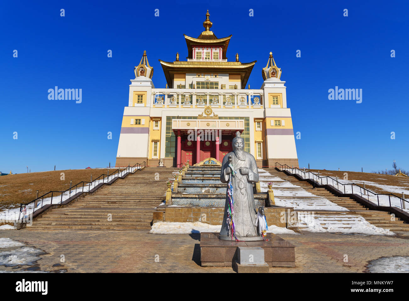 Buddhist complex Golden Abode of Buddha Shakyamuni in spring. Elista. Kalmykia. Russia Stock Photo
