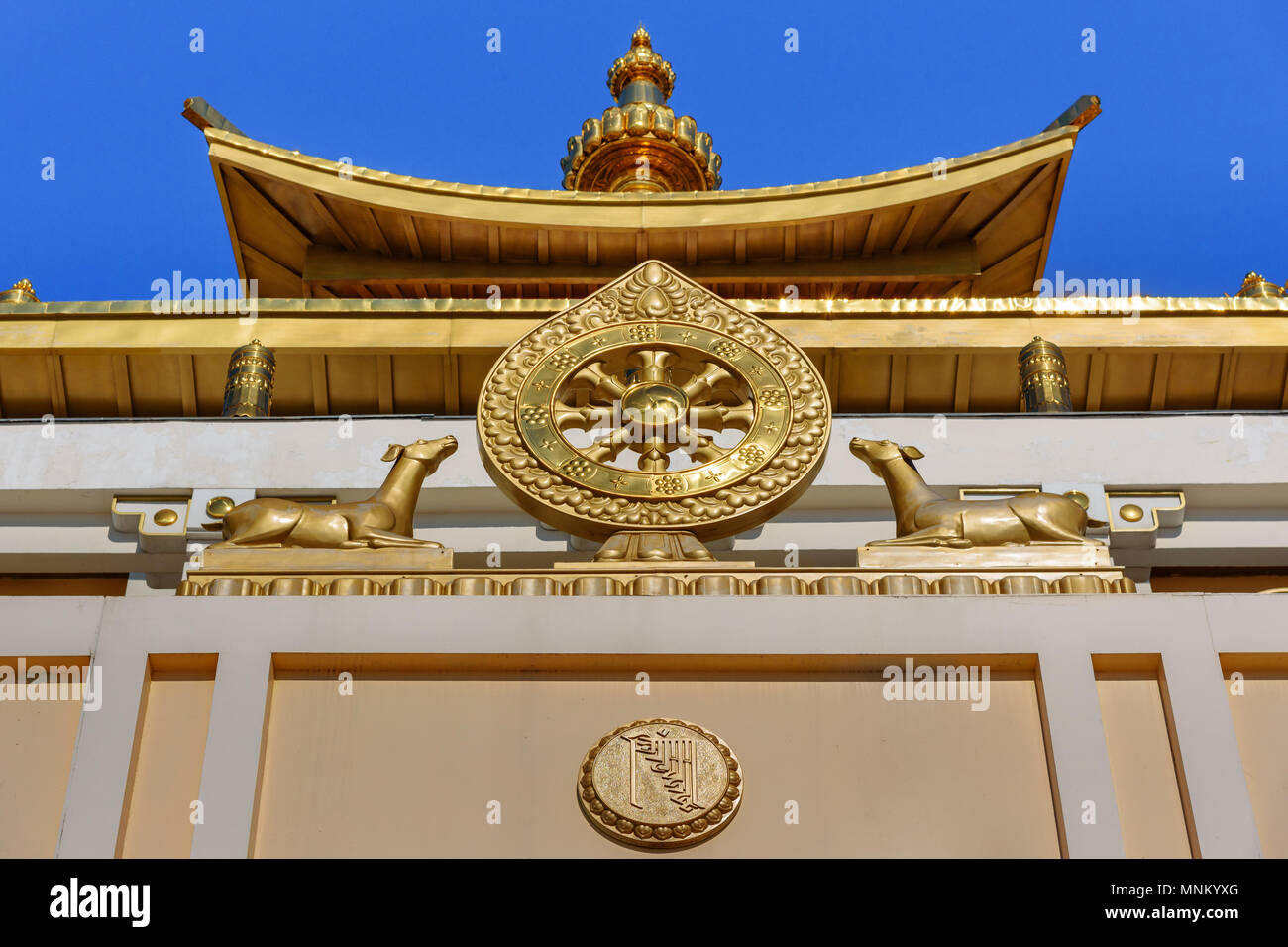Element of temple in Buddhist complex Golden Abode of Buddha Shakyamuni in spring. Elista. Kalmykia. Russia Stock Photo