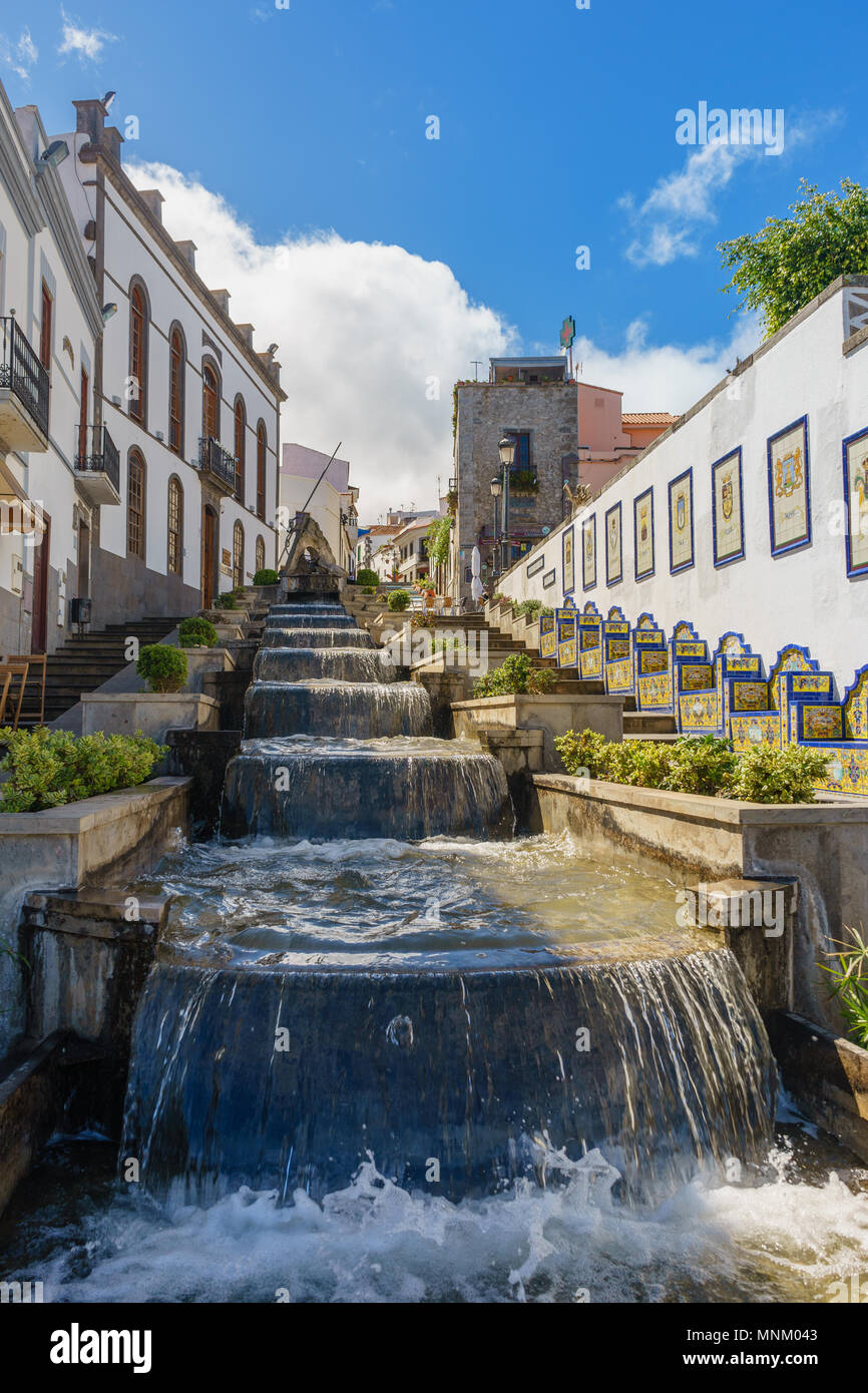 Paseo de Gran Canaria street with tasteful waterfall cascade, Firgas, Canary islands, Spain Stock Photo