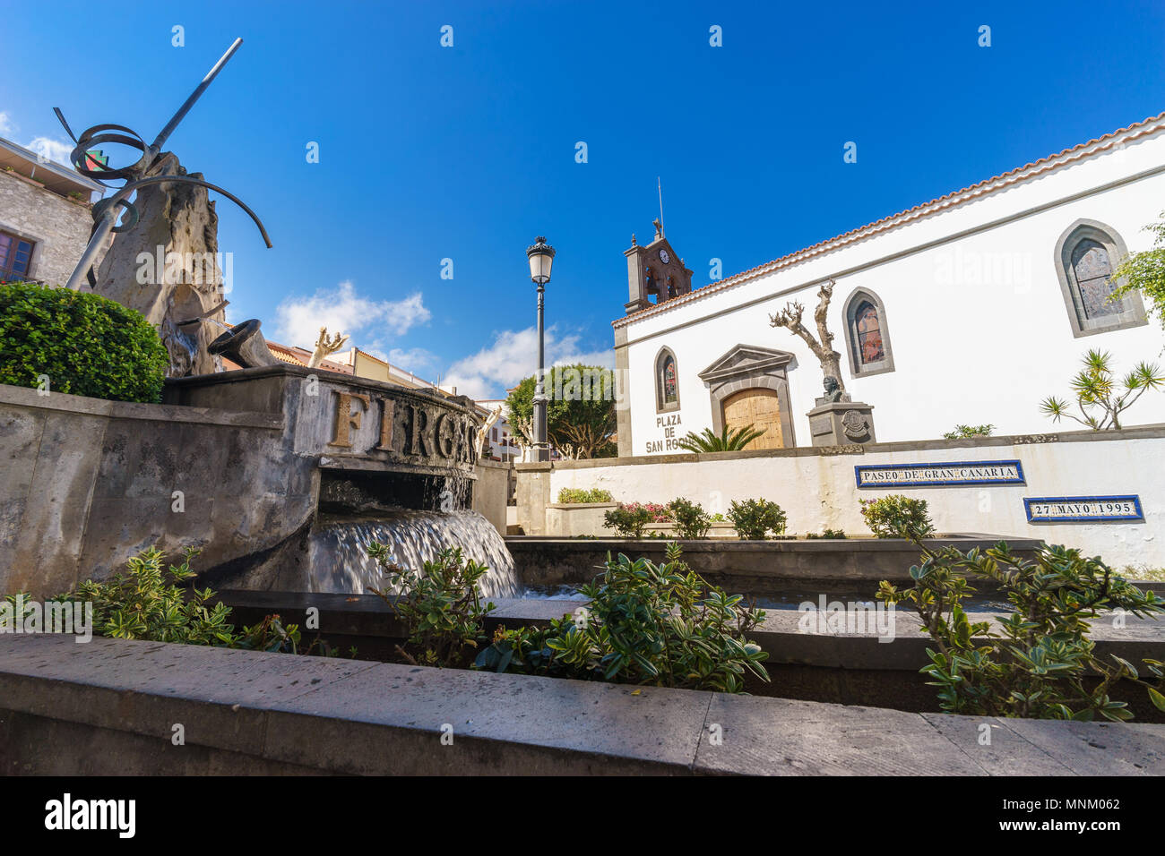 Firgas, Spain - February 27, 2018: Main tourist street Paseo de Gran Canaria founded in 1995 by spanish artists. Stock Photo
