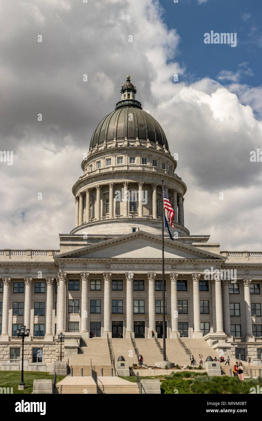 Tourists on the steps of Capital Building in early summer, State of Utah, Salt Lake City, Utah, USA. Stock Photo