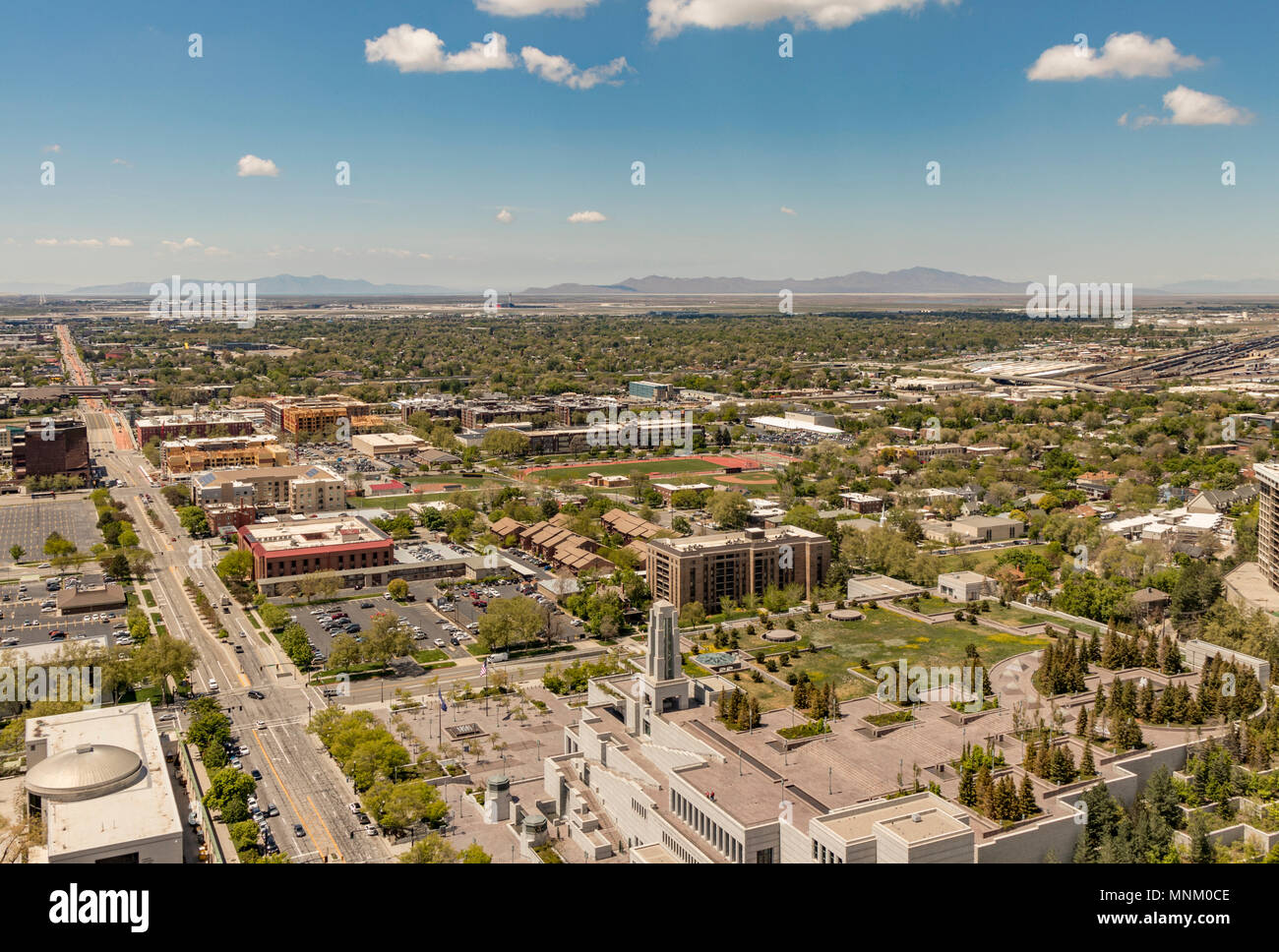 View of downtown Salt Lake City, the lake, airport, Conference Center, and Interstate 80, Utah, USA. Stock Photo