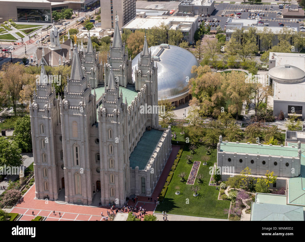 Aerial view of Temple Square, Salt Lake Temple and Tabernacle. Church of Jesus Christ of Latter-day Saints, Salt Lake City, Utah, USA. Stock Photo