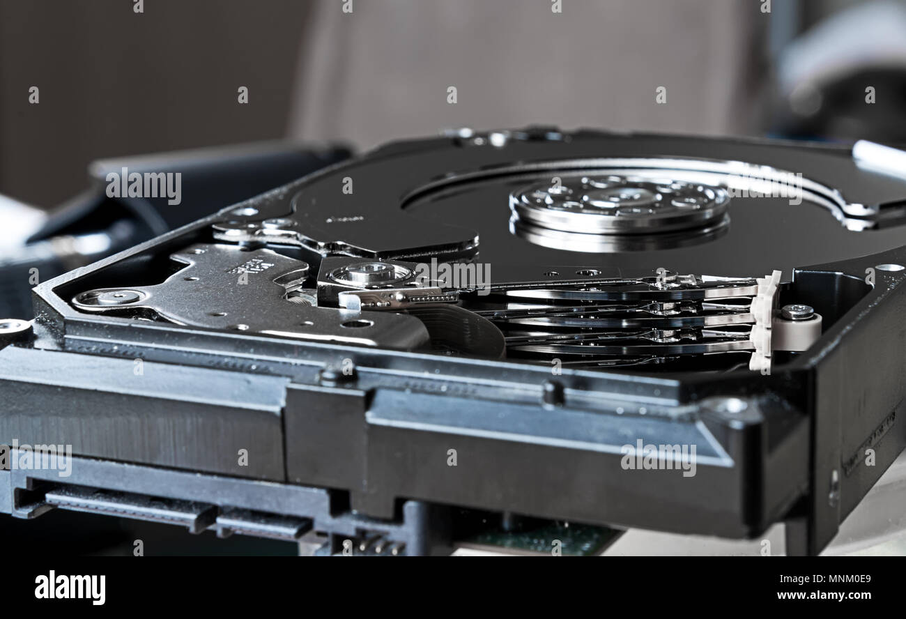 Close up inside of computer hard disk drive HDD Stock Photo Alamy
