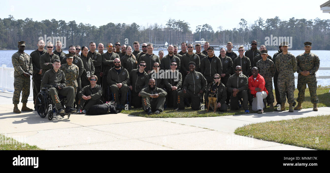 Members of Wounded Warrior Battalion-West pose for a group picture during the 2018 Marine Corps Trials. The Marine Corps Trials promotes recovery and rehabilitation through adaptive sport participation and develops camaraderie among recovering service members (RSMs) and veterans. Stock Photo