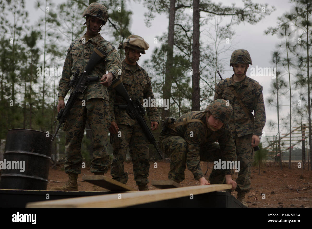 U.S. Marines with Headquarters Battery, 10th Marine Regiment, 2nd Marine Division (2d MARDIV), participate in the Leadership Reaction Course (LRC) as part of exercise Rolling Thunder 1-18 on Ft. Bragg, N.C., Mar. 17, 2018. The purpose of the LRC is to improve and enhance small unit leadership and communication within internal sections. Stock Photo