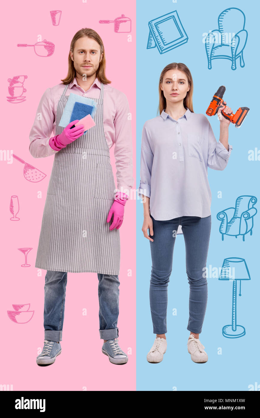 Unusual couple feeling confident while changing gender roles Stock