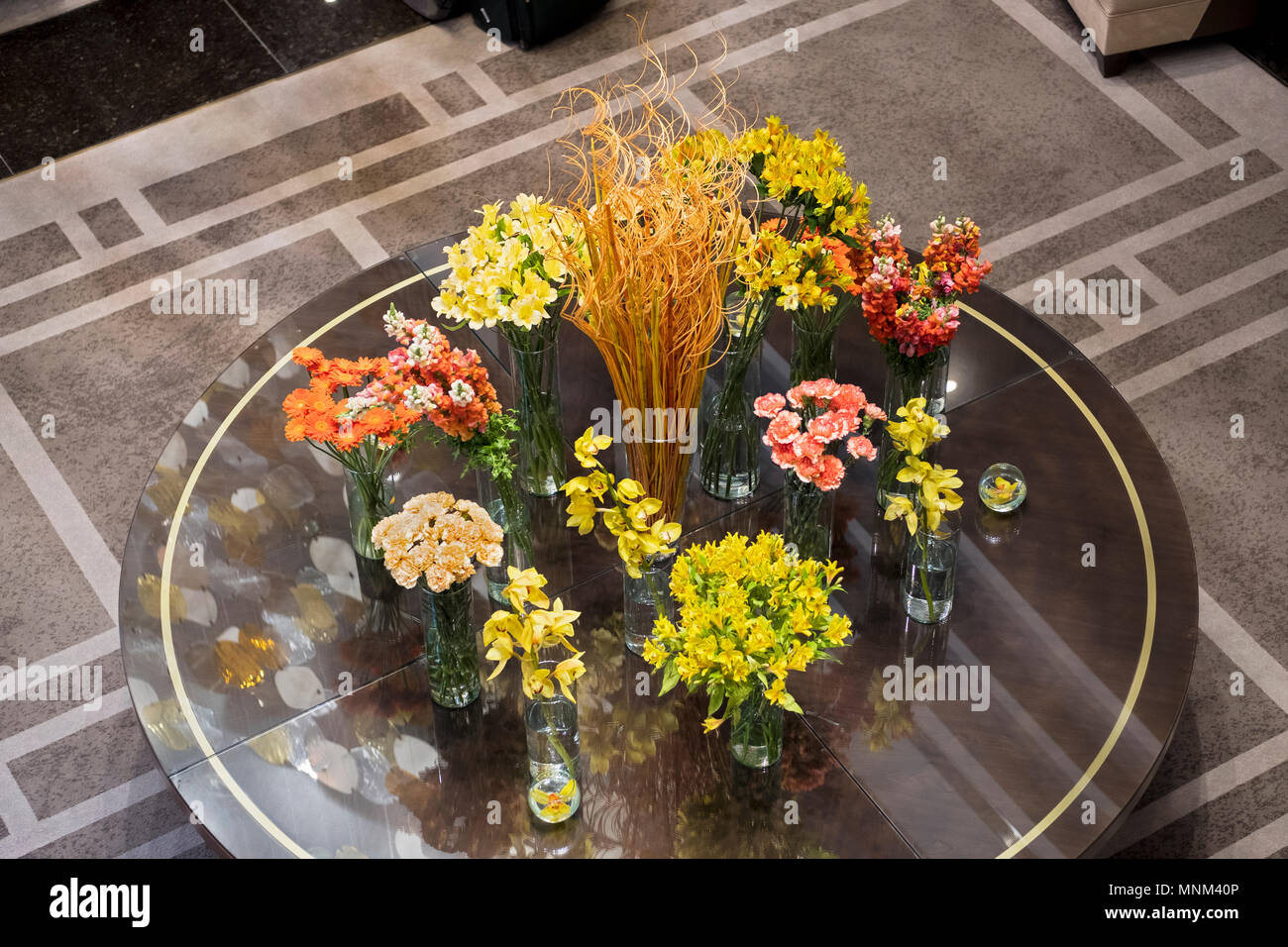 A beautiful flower arrangement in the lobby of the Hilton Budapest  in the Castle District of Budapest Hungary. Stock Photo