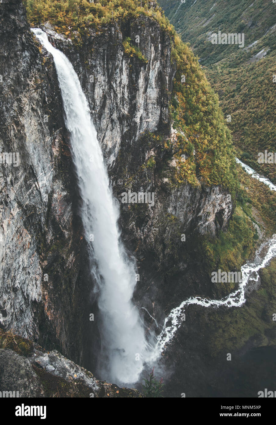 Landscape Waterfall Vettisfossen aerial view in Norway rocky mountains Travel serene scenery wild nature view from above Stock Photo