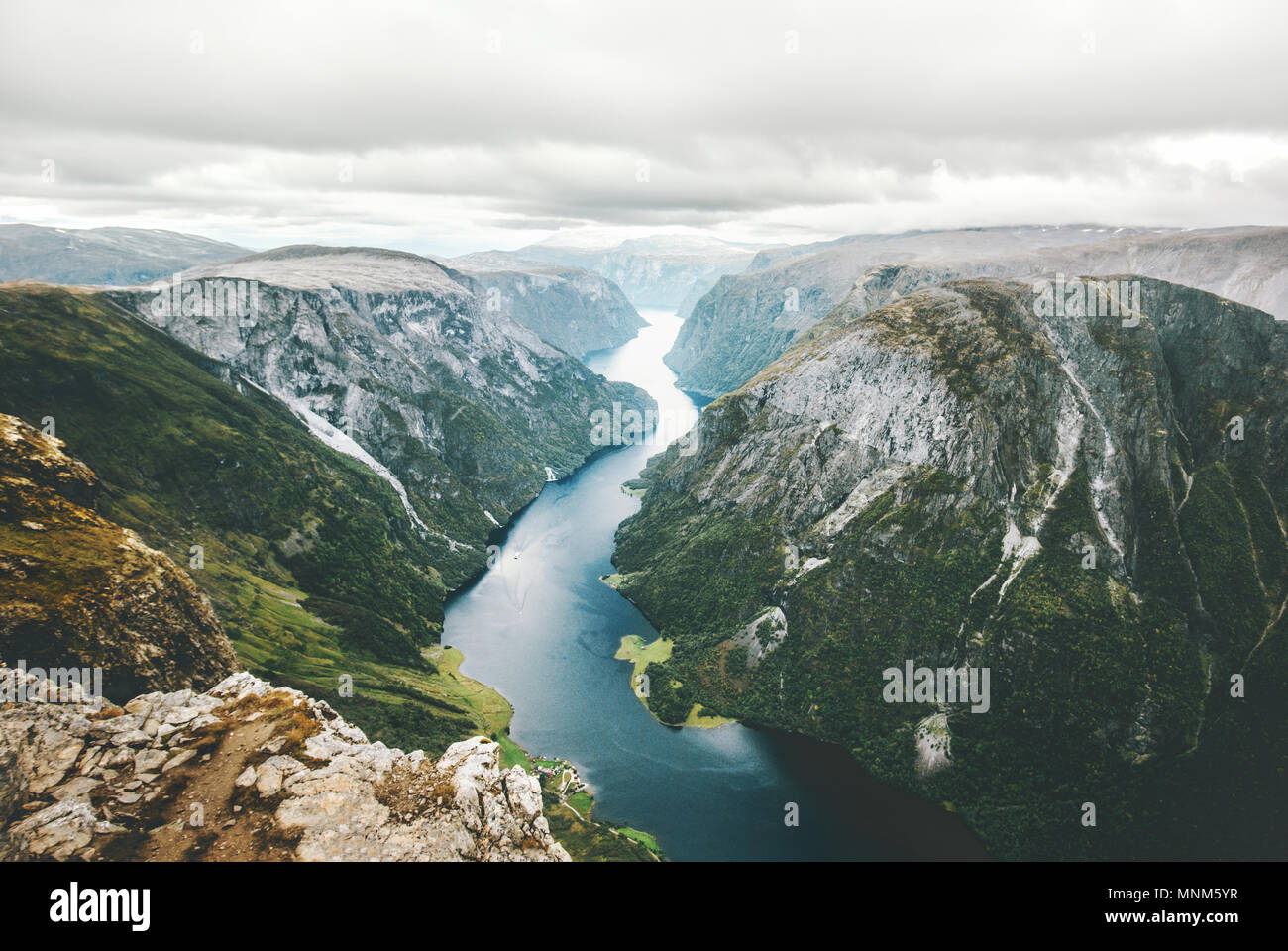 Norway Landscape fjord and mountains aerial view Naeroyfjord beautiful scenery scandinavian natural landmarks Stock Photo