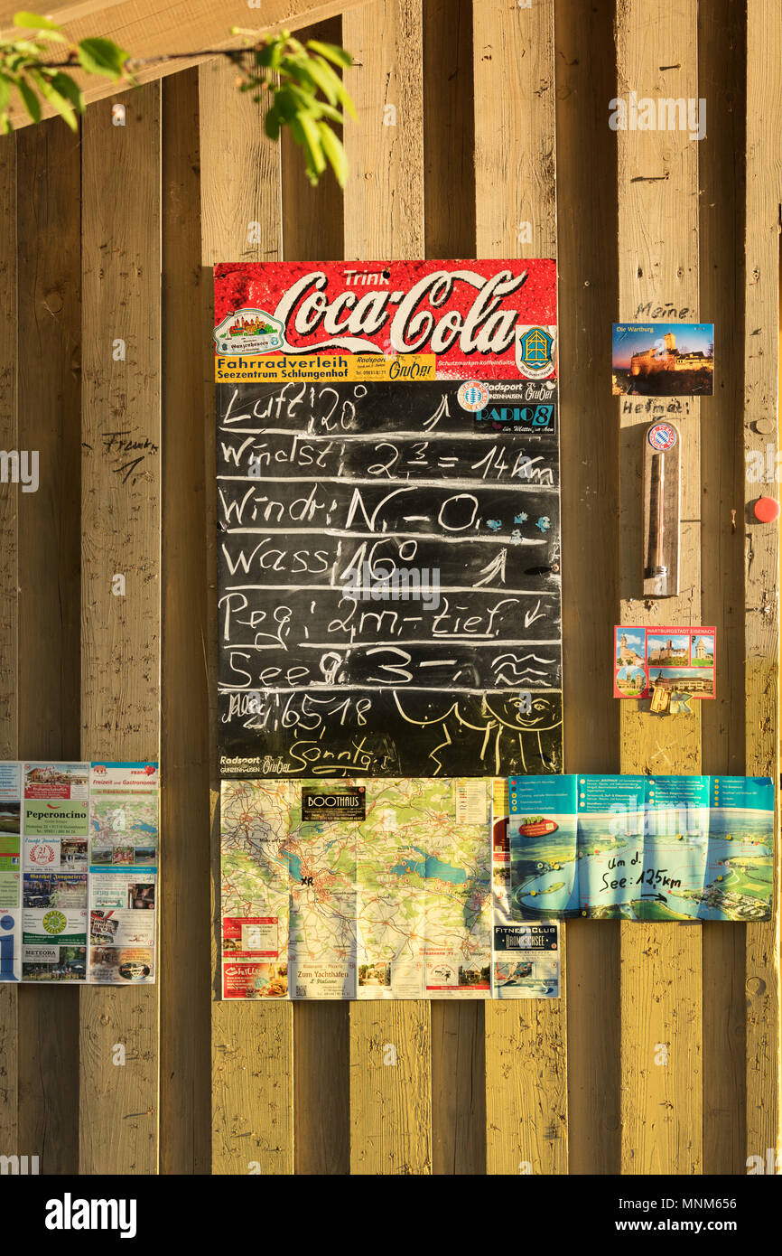 Gunzenhausen / Germany (2018): Blackboard at  Altmuehlsee bathing lake showing weather and water level data. Stock Photo