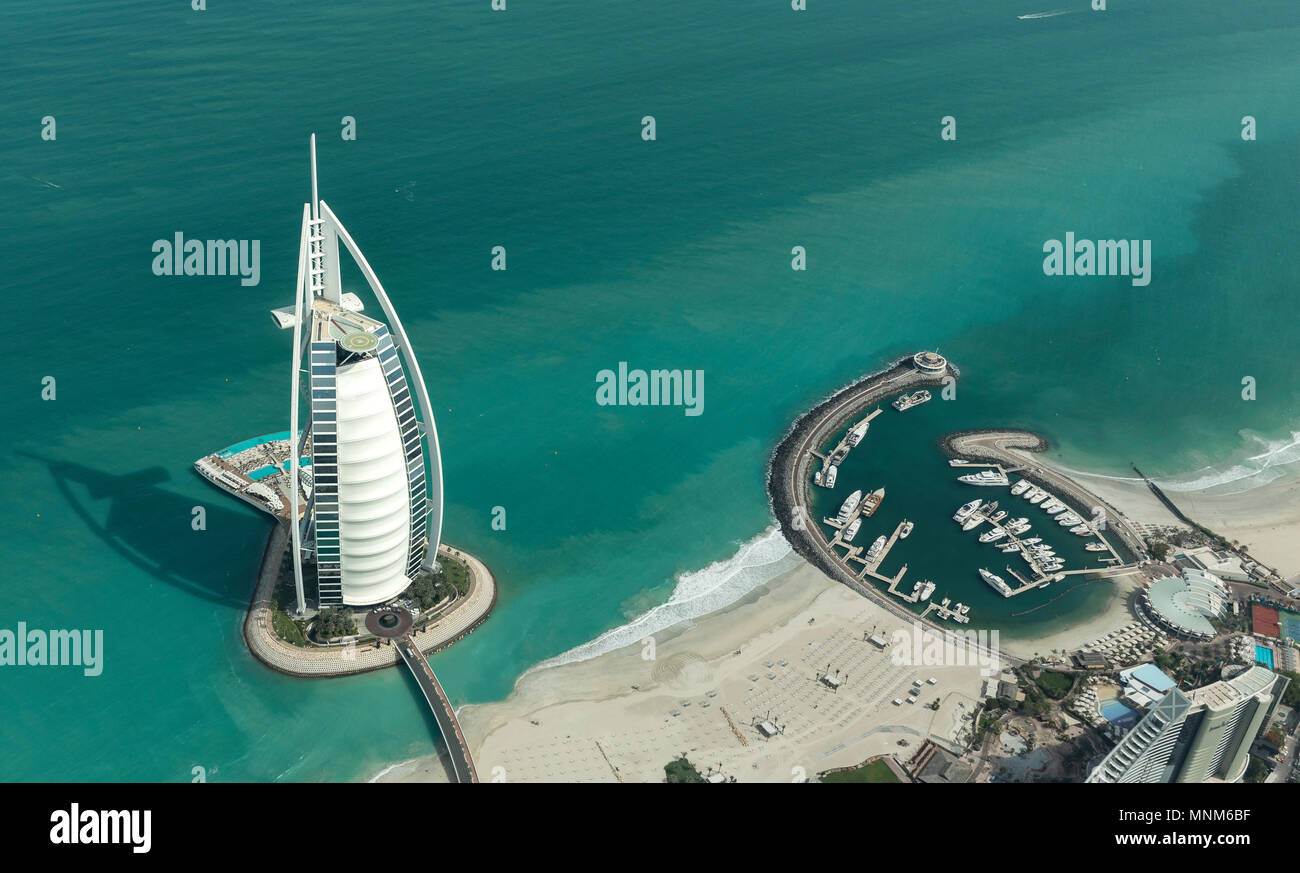 Dubai, United Arab Emirates, 18th May, 2018: aerial view of world most highly rated hotel Burj Al Arb Stock Photo