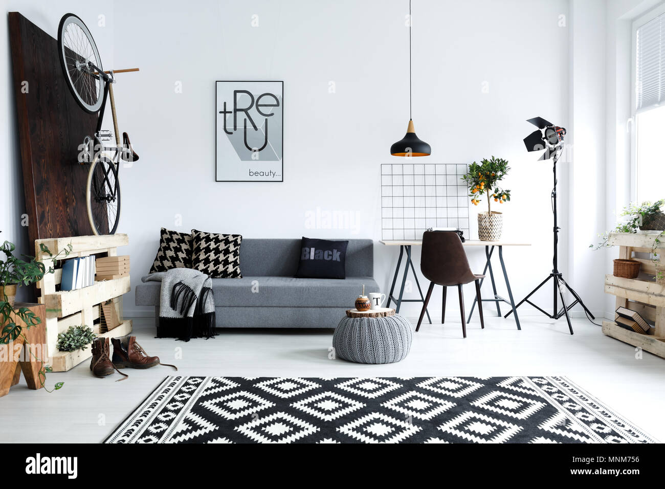 Hipster style, white living room with sofa, pouf, carpet, bike Stock Photo  - Alamy