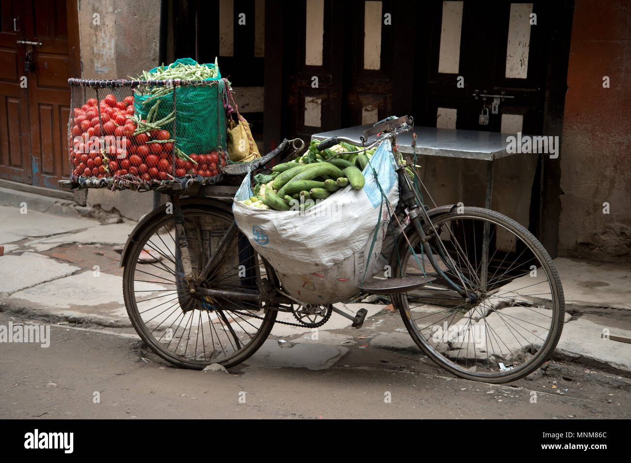 Nepal, Kathmandu. Vegetable shop on a bicycle Stock Photo Alamy