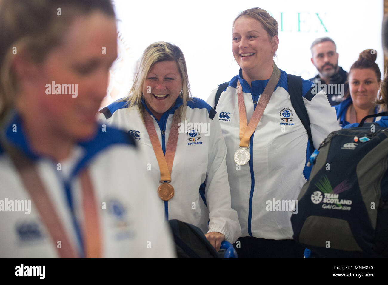 Team Scotland arrive at Glasgow airport after competing in the Gold Coast Commonwealth Games which they achieved 44 medals.  Featuring: Scottish Athletes Where: Glasgow, United Kingdom When: 17 Apr 2018 Credit: Euan Cherry/WENN Stock Photo