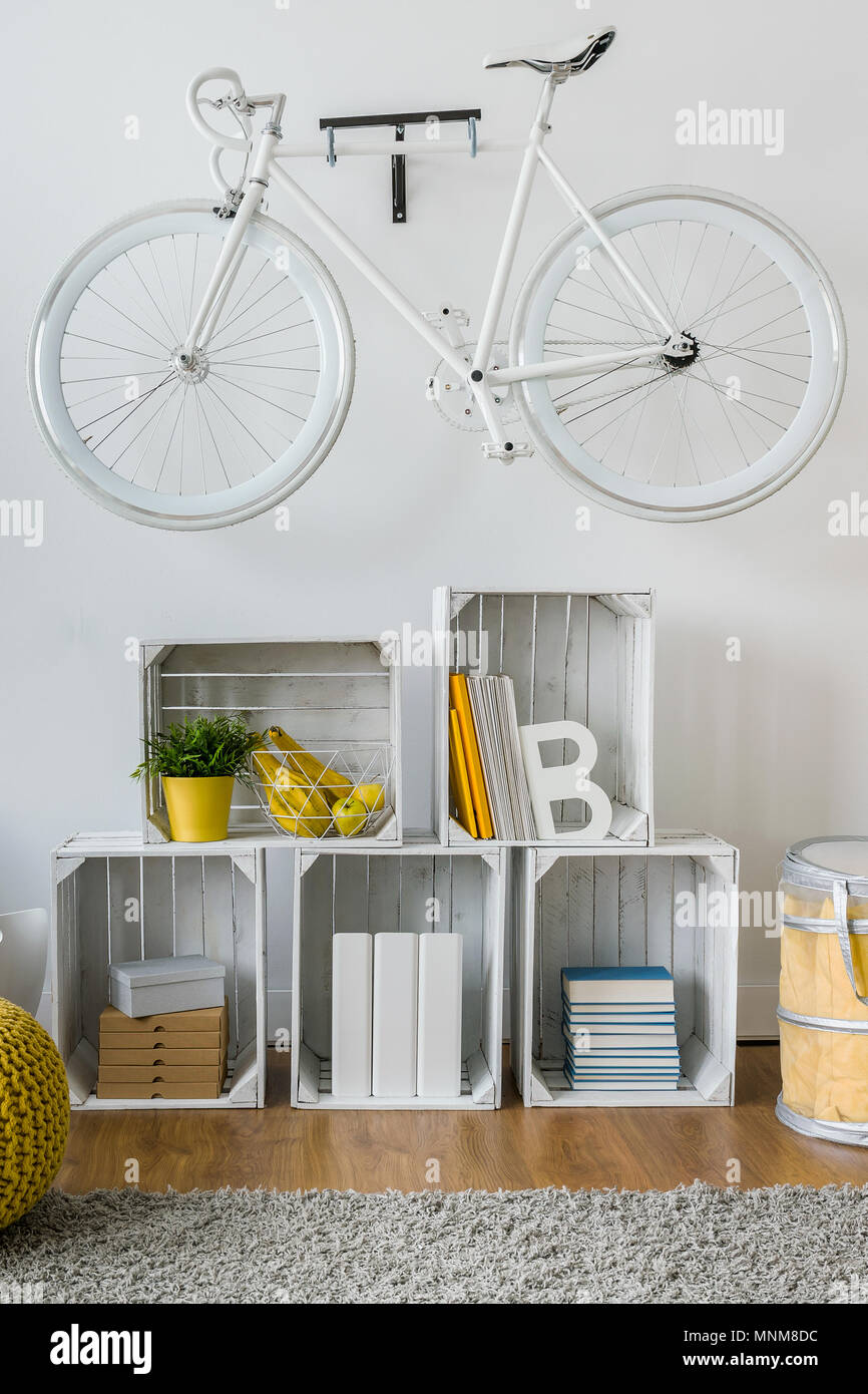 Creative way to make shelves with wooden boxes Stock Photo Alamy