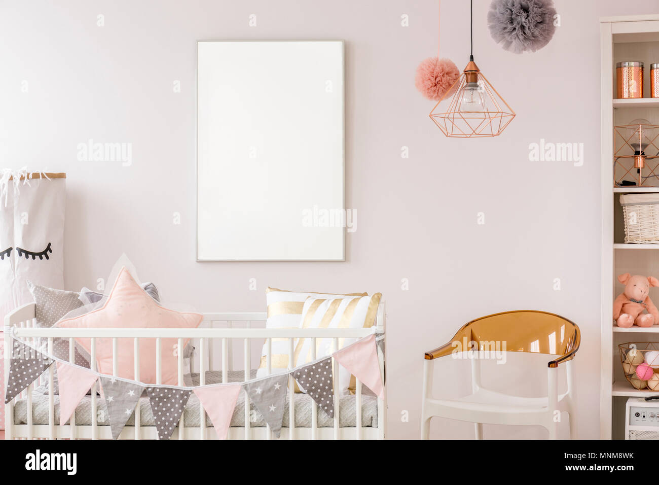 Scandinavian Baby Room With White Crib Chair Bookshelf Wall