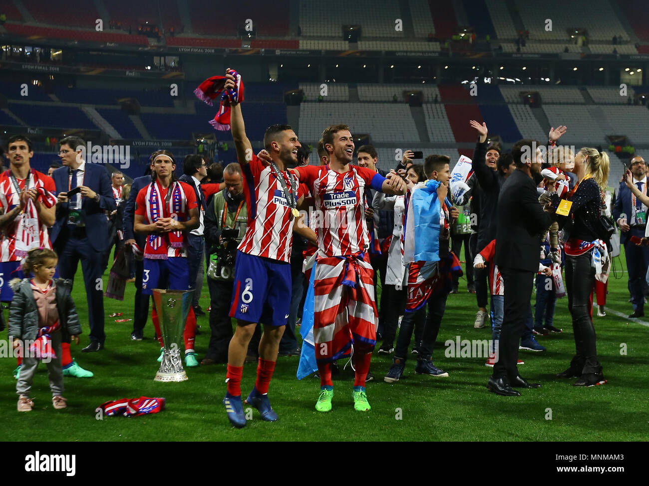 Gabi of Atletico Madrid and Koke of Atletico Madrid celebrate winning the Europa Cup during the UEFA Europa League Final match between Marseille and Atletico Madrid at Parc Olympique Lyonnais on May 16th 2018 in Lyon, France. (Photo by Leila Coker/phcimages.com) Stock Photo