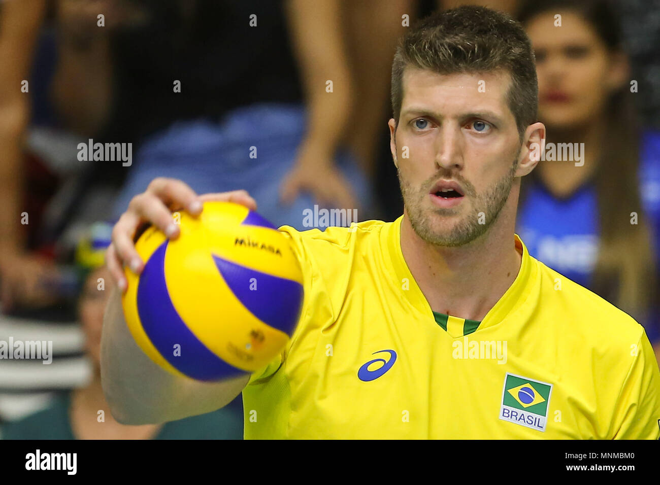 TAUBATÉ, SP - 17.05.2018: BRASIL X CHINA - Eder during the friendly game of volleyball between Brazil and China held at the Abaeté Gymnasium in Taubaté in São Paulo (SP). (Photo: Jales Valquer/Fotoarena) Stock Photo