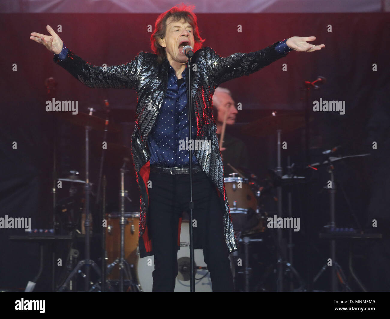 17/5/2018. Yeah, The Boys are Back in Town! Mick Jagger plays to the crowd with Keith Richards, Ronnie Wood, and Charlie Watts from The Rolling Stones in support as they played in Croke Park in Dublin tonight, on the first leg of their The Stones – No Filter Tour. After their show they will fly back to the UK  to continue the tour which includes London, Edinburgh & Cardiff. Photo: Leon Farrell/RollingNews.ie Stock Photo