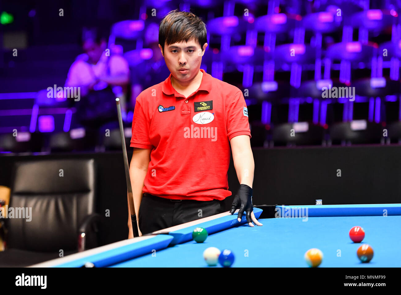 Shanghai, China. 18th May 2018. Chinese Taipei's Chang Jung-Lin and Cheng Yu-Hsuan during WORLD CUP of POOL 2018: Round 2 - Chinese Taipei vs Greece at Luwan (Gymnasium) Arena on Friday, 18 May 2018. SHANGHAI, CHINA. Credit: Taka G Wu Credit: Taka Wu/Alamy Live News Stock Photo