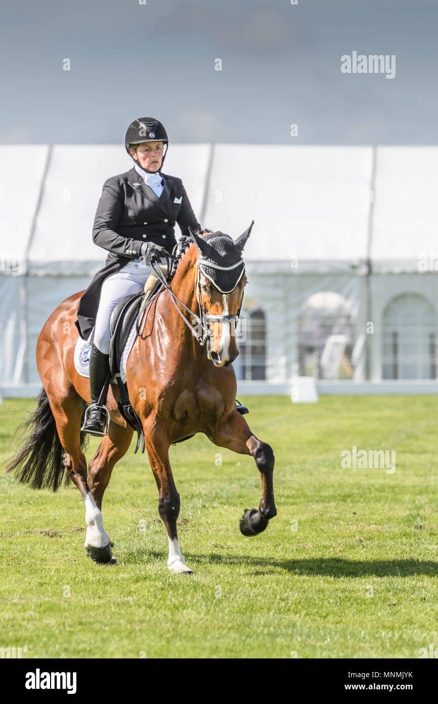 Corby, England. 18th May 2018. A horse and rider take part in the dressage event during the international horse trials at the park of Rockingham Castle, Corby, England on 18 May 2018. Credit: Michael Foley/Alamy Live News Stock Photo