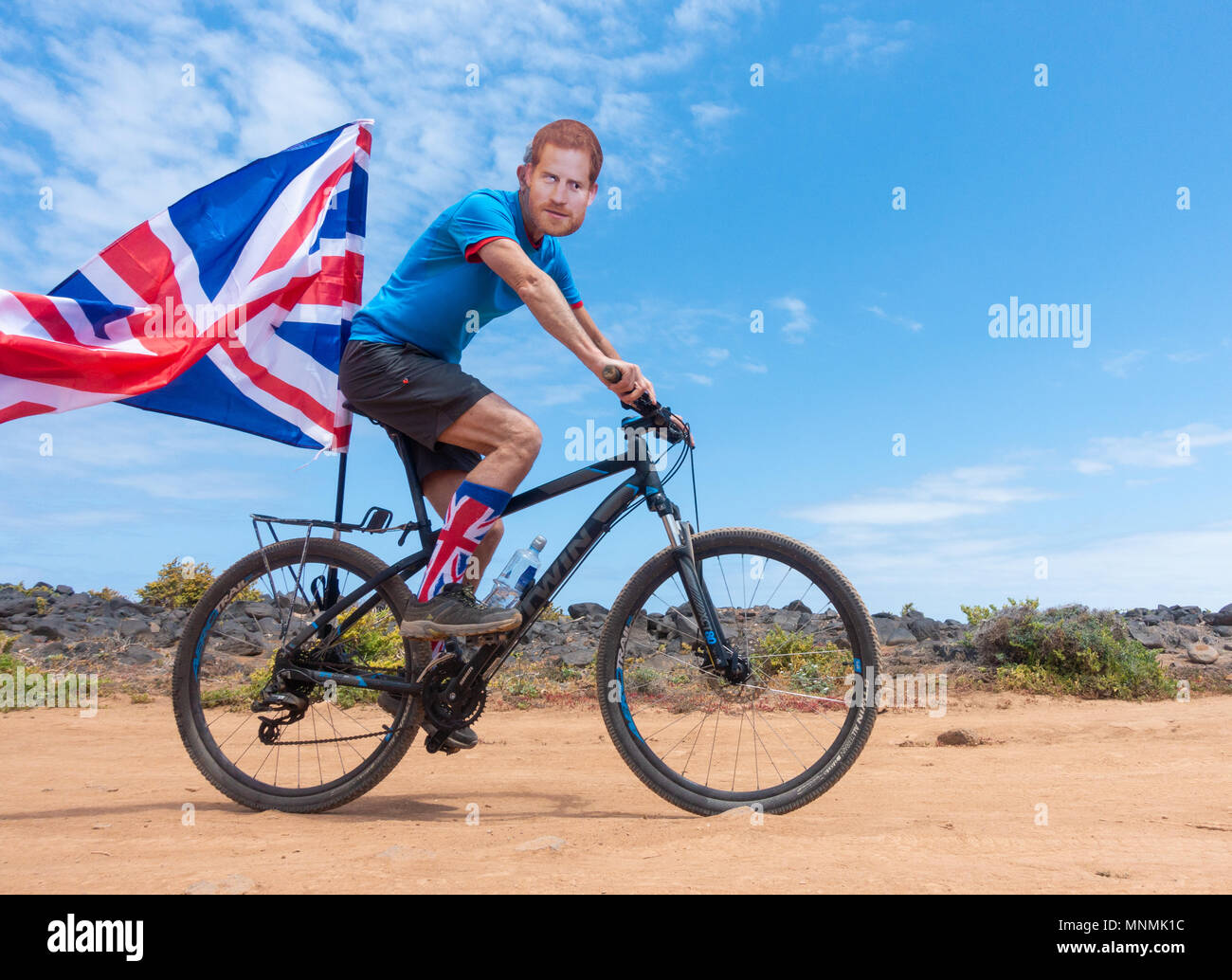 Mountain biker with union jack flag and socks wearing Harry face mask to celebrate the Royal wedding of Harry and Meghan Stock Photo