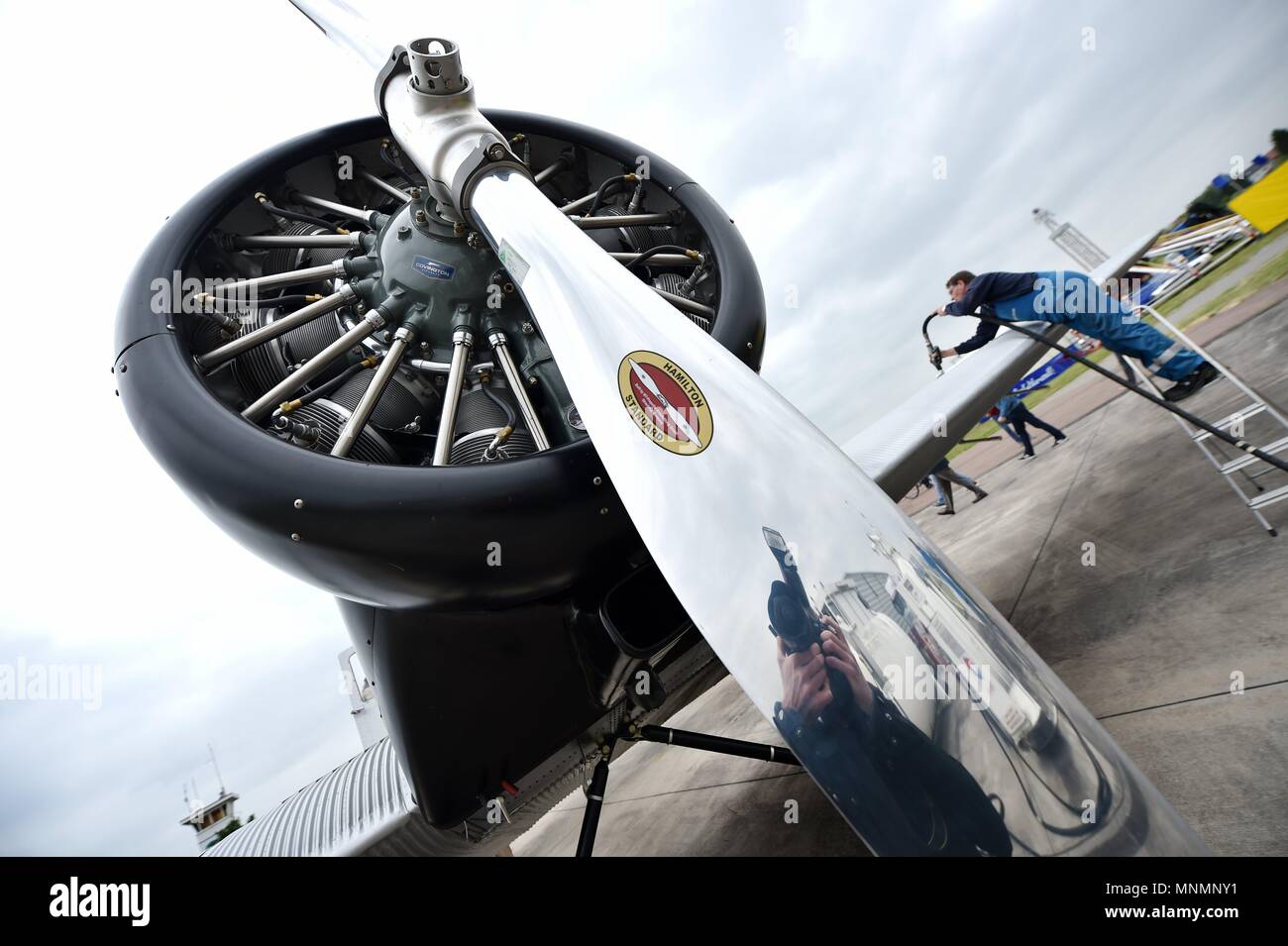 18 May 2018, Germany, Dessau-Rosslau: A replica of a Junkers F 13 pictured at the airfield during the 13th Hugo Junkers Festival. The replica of one of Prof. Hugo Junkers' most famous creations is the only airworthy example of its kind. It was faithfully built over more than 10 years using original construction plans and laser measurements of museum planes. Photo: Frank May/dpa/ZB Stock Photo