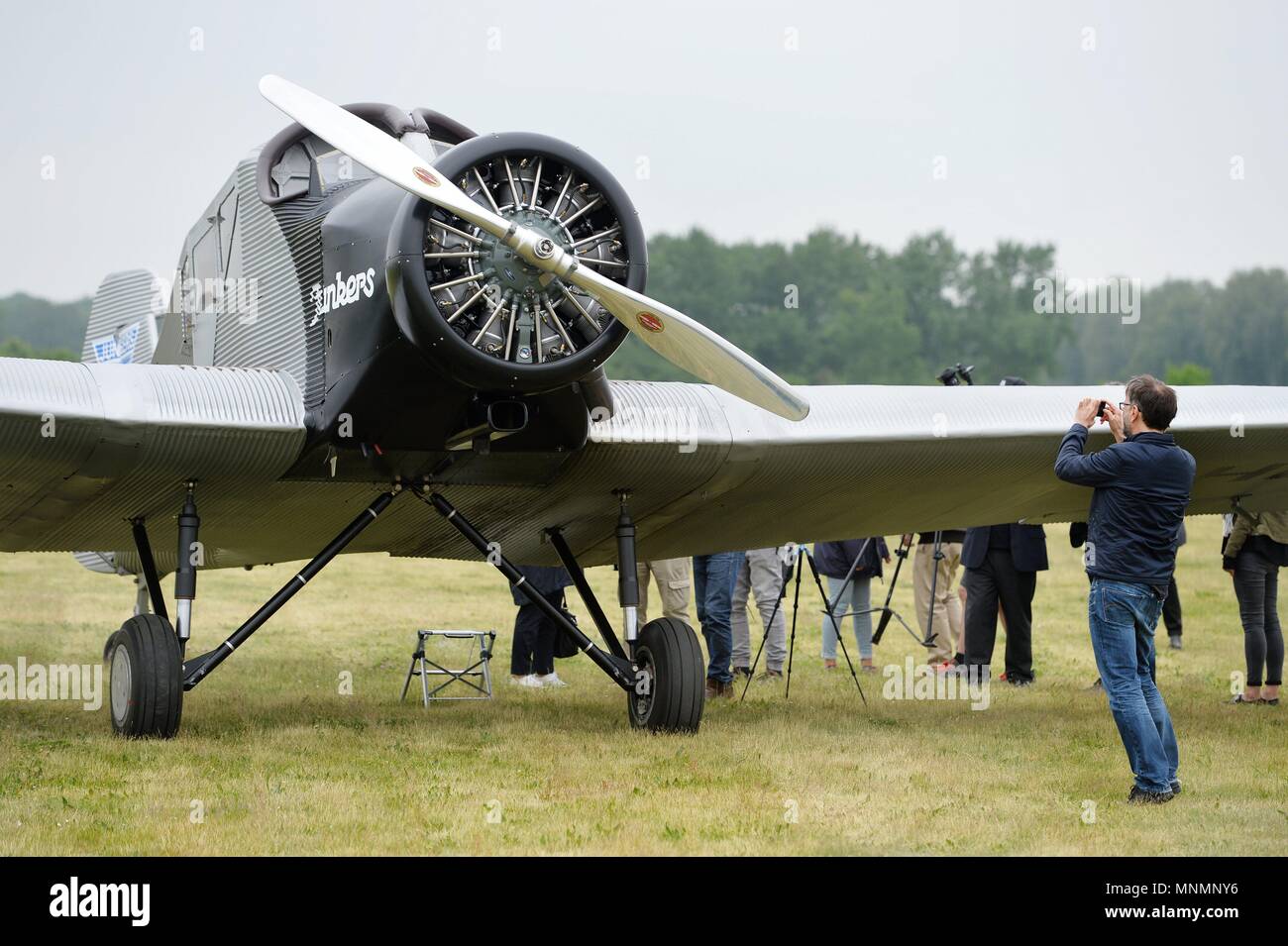 18 May 2018, Germany, Dessau-Rosslau: A replica of a Junkers F 13 pictured at the airfield during the 13th Hugo Junkers Festival. The replica of one of Prof. Hugo Junkers' most famous creations is the only airworthy example of its kind. It was faithfully built over more than 10 years using original construction plans and laser measurements of museum planes. Photo: Frank May/dpa/ZB Stock Photo