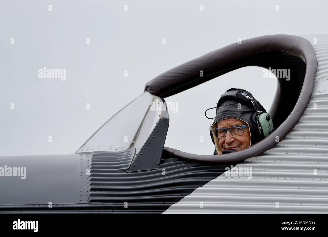 18 May 2018, Germany, Dessau-Rosslau: A replica of a Junkers F 13 with pilot Kurt Waldmeier lands at the airfield during the 13th Hugo Junkers Festival. The replica of one of Prof. Hugo Junkers' most famous creations is the only airworthy example of its kind. It was faithfully built over more than 10 years using original construction plans and laser measurements of museum planes. Photo: Frank May/dpa/ZB Stock Photo