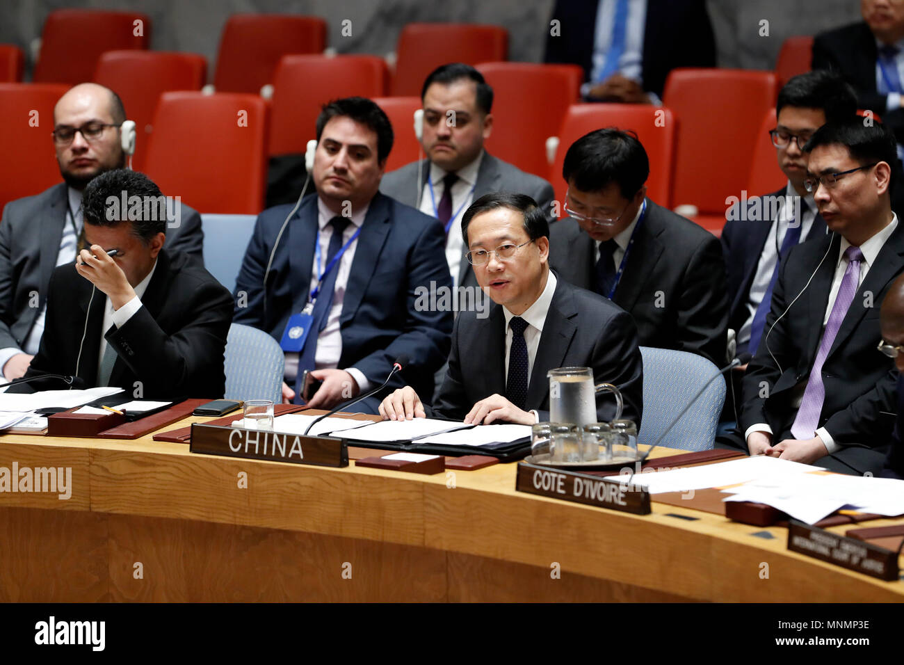 (180519) -- UNITED NATIONS, May 19, 2018 (Xinhua) -- Chinese ambassador to the United Nations (UN) Ma Zhaoxu (1st R, front) speaks at the UN Security Council high-level open debate on upholding international law for world peace and security, at the UN headquarters in New York, on May 17, 2018. While concerns about the authority and mandated duties of the UN Security Council were raised at a high-level open debate on Thursday, China threw its considerable weight behind it, one of the six UN principal organs for maintaining international peace and security. (Xinhua/Li Muzi) (sxk) Stock Photo