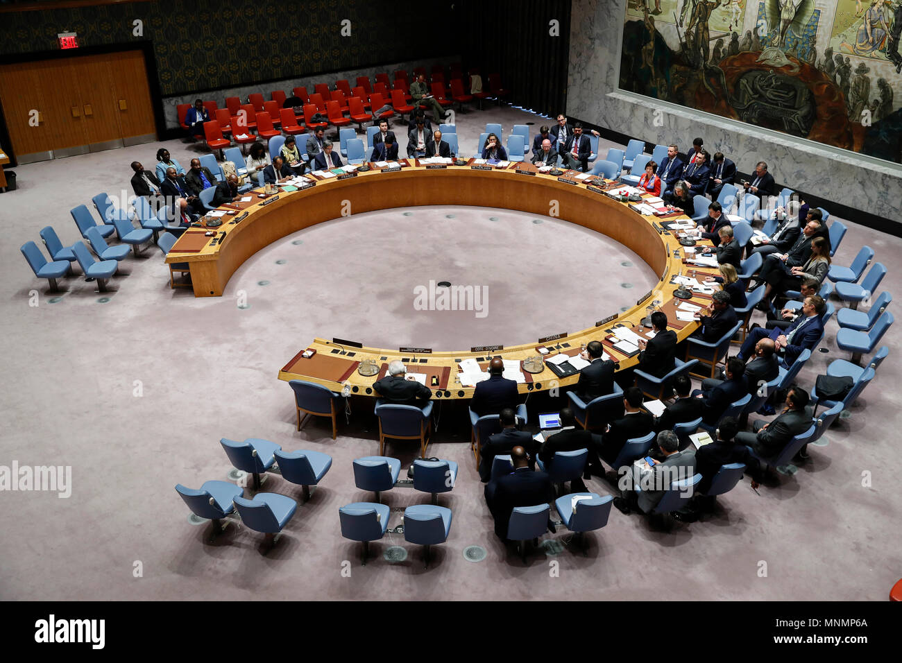 United Nations. 17th May, 2018. Photo taken on May 17, 2018 shows the scene of the United Nations (UN) Security Council high-level open debate on upholding international law for world peace and security, at the UN headquarters in New York. While concerns about the authority and mandated duties of the UN Security Council were raised at a high-level open debate on Thursday, China threw its considerable weight behind it, one of the six UN principal organs for maintaining international peace and security. Credit: Li Muzi/Xinhua/Alamy Live News Stock Photo