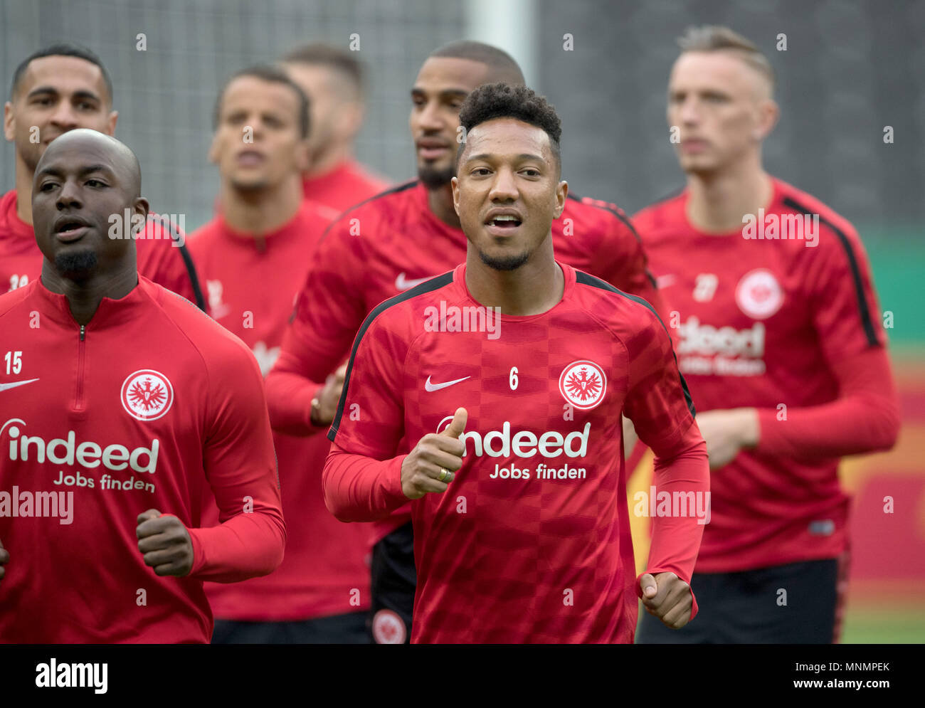 18 May 2018, Germany, Berlin: Jetro Willems (l) and Jonathan de Guzman of Eintracht Frankfurt pictured during a training session at the Olympic stadium. The team is training ahead of Saturday's German DFB Cup final between FC Bayern Munich and Eintracht Frankfurt. Photo: Soeren Stache/dpa Stock Photo