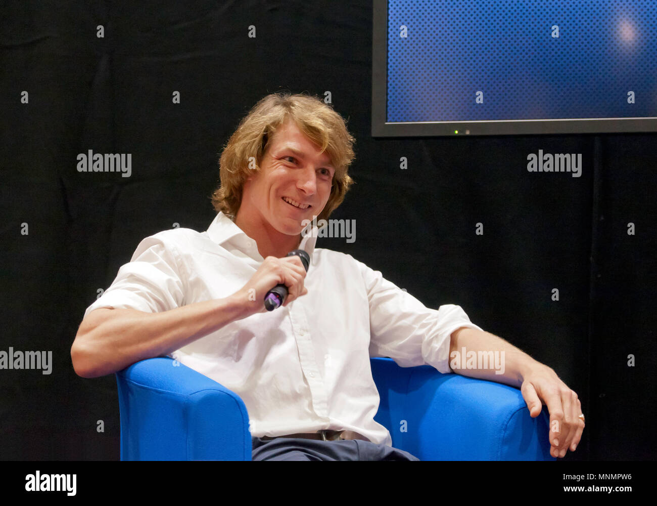 Racing Driver, Freddie Hunt in a Q&A session at the Lecture Theatre,  during the  London Motor Show 2018.  London, U.K., Stock Photo