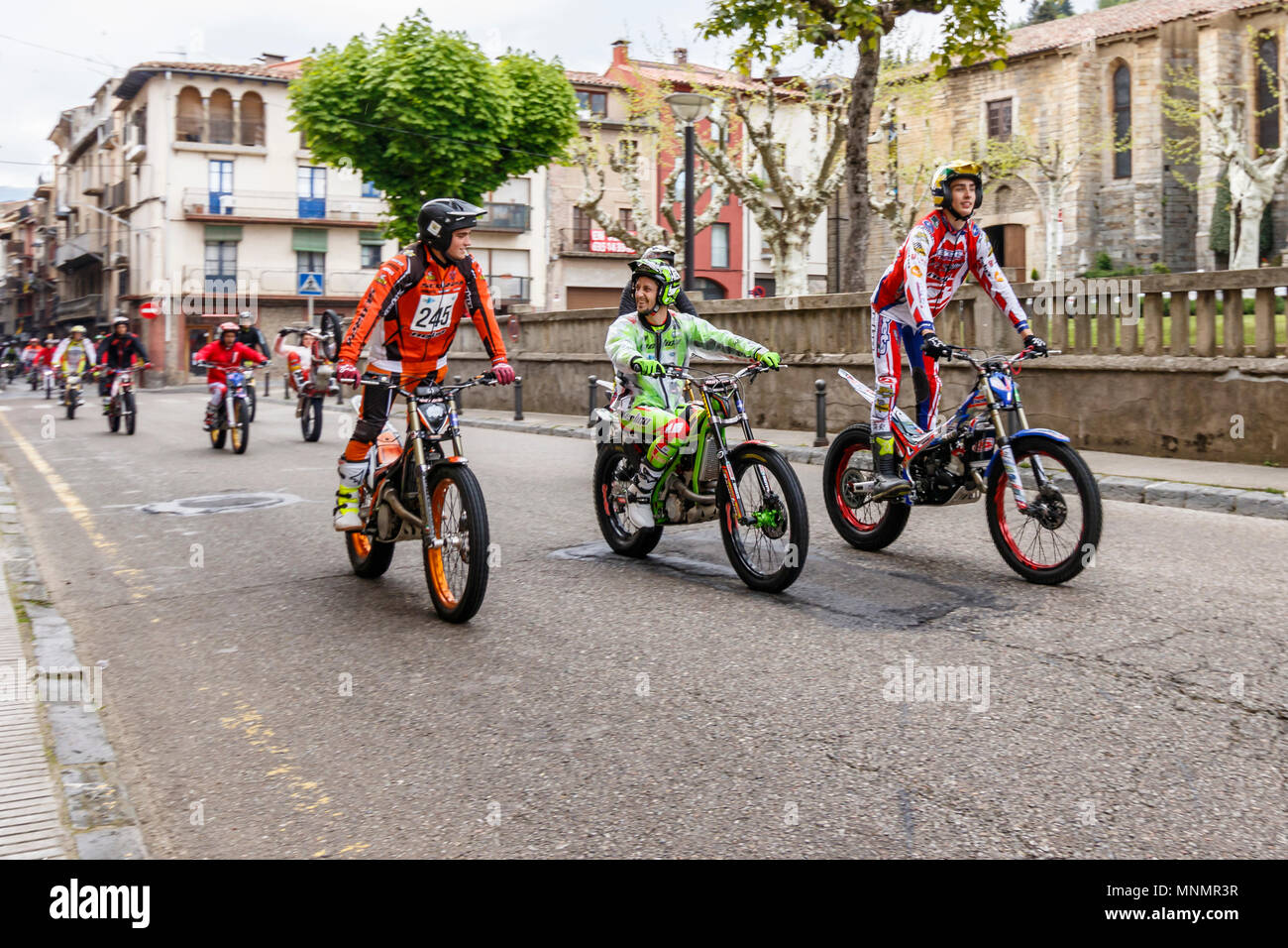 Camprodon, Spain. TrialGP drivers crossing the town of Camprodon at 18th May 2018. Credit: Raül Carmona. Credit: Phototrekking/Alamy Live News Stock Photo