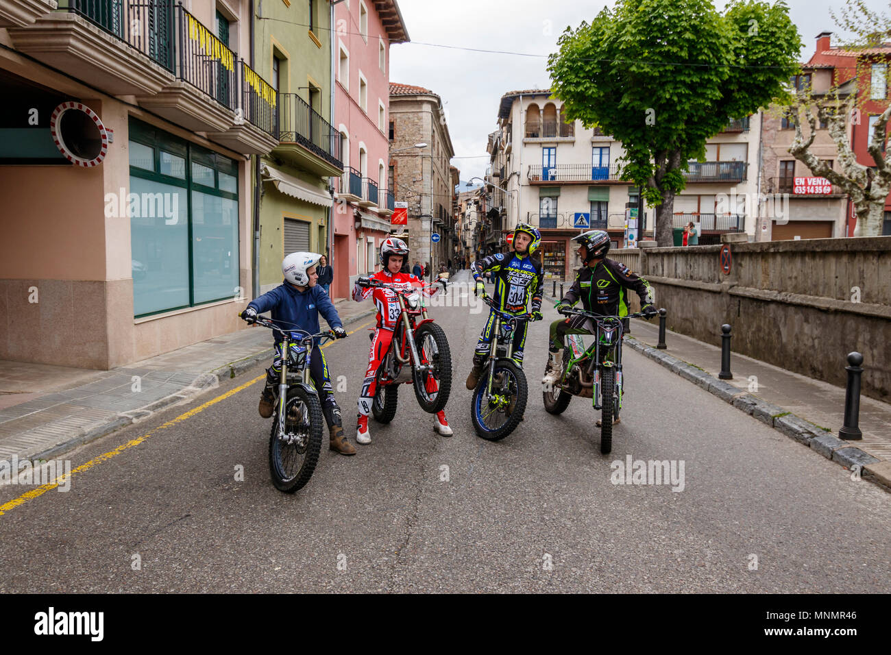 Camprodon, Spain. TrialGP drivers looking the town of Camprodon at 18th May 2018. Credit: Raül Carmona. Credit: Phototrekking/Alamy Live News Stock Photo