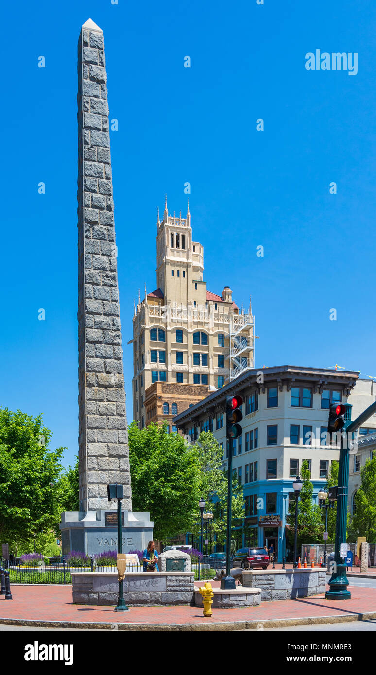 ASHEVILLE, NC, USA-13 MAY 18: Pack Square, in Asheville, NC, is the cultural center of the town. Stock Photo