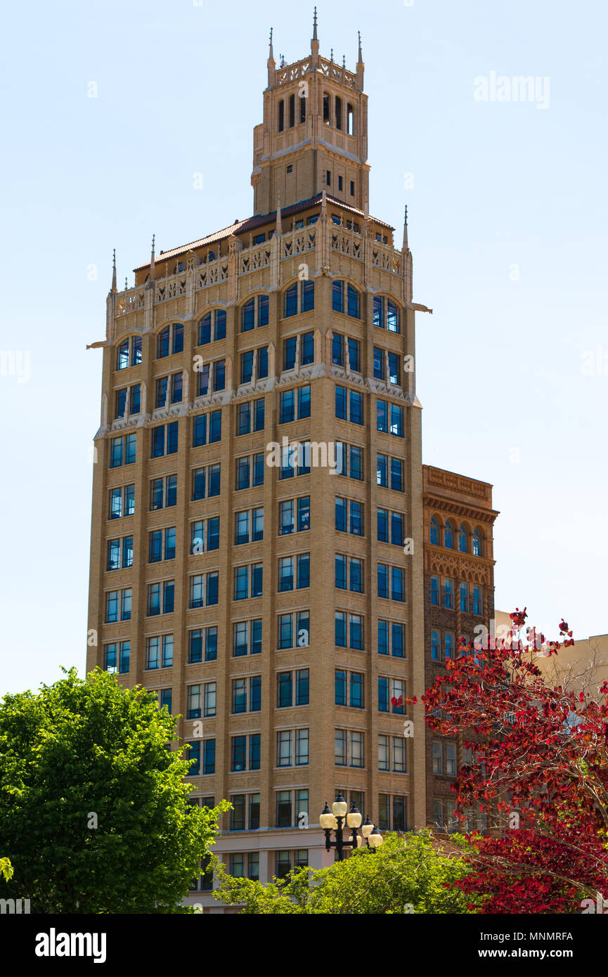 ASHEVILLE, NC, USA-13 MAY 18:The venerable neo-gothic Jackson building stands 140 ft. (15 stories) tall in Pack Square. Stock Photo
