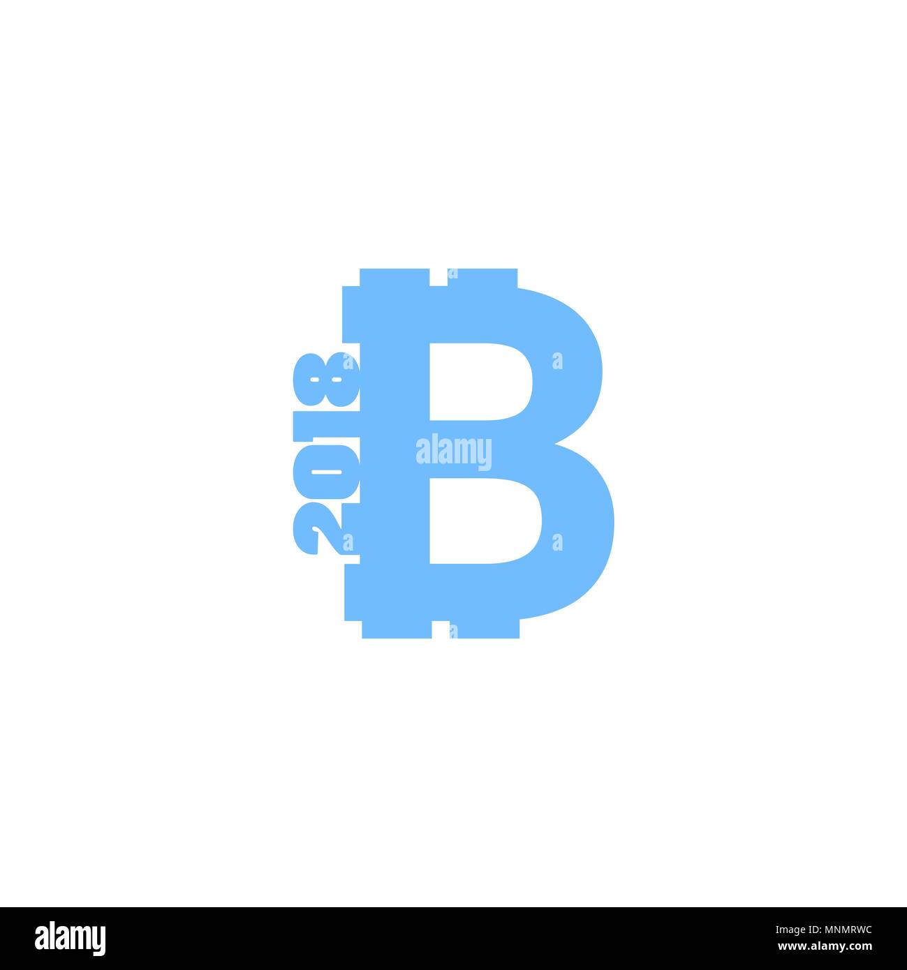 Bitcoin sign icon for internet money with text 2018. Crypto currency symbol and coin image for using in web projects or mobile applications. Blockchain based secure cryptocurrency. Stock Vector