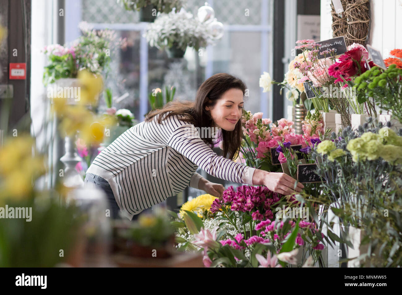 Adult female choosing flowers in a florist Stock Photo