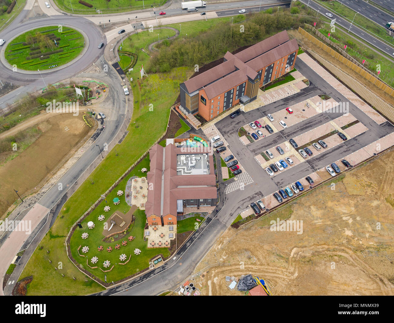 Aerial views of Marsons Brewerys hotel and pub named 'The Spring River', located in Ebbsfleet, Kent, UK Stock Photo