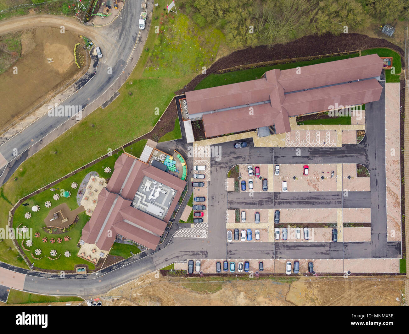 Aerial views of Marsons Brewerys hotel and pub named 'The Spring River', located in Ebbsfleet, Kent, UK Stock Photo