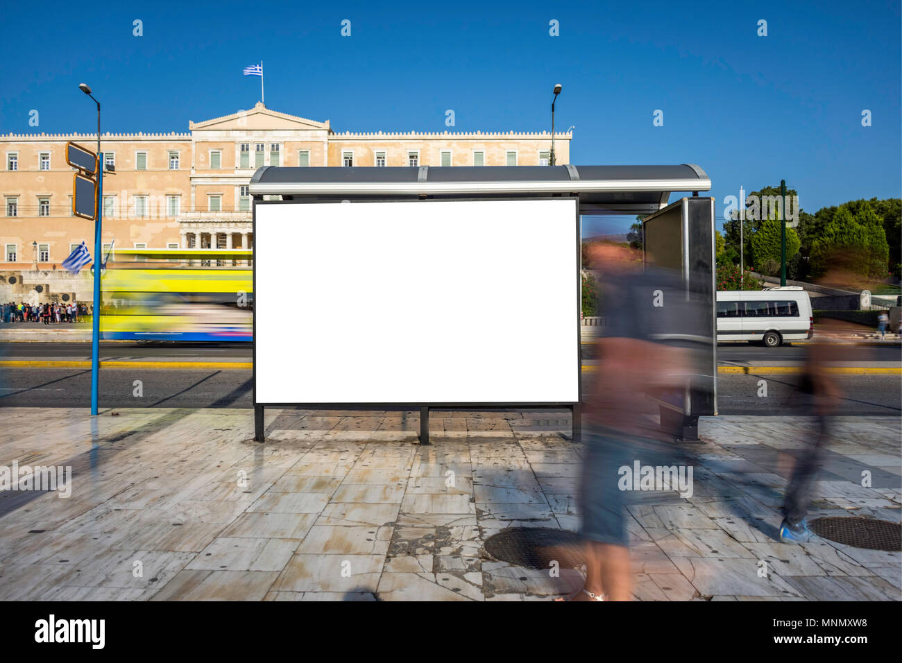 Mock up of blank white orizontal bus stop in a city, Athens Stock Photo