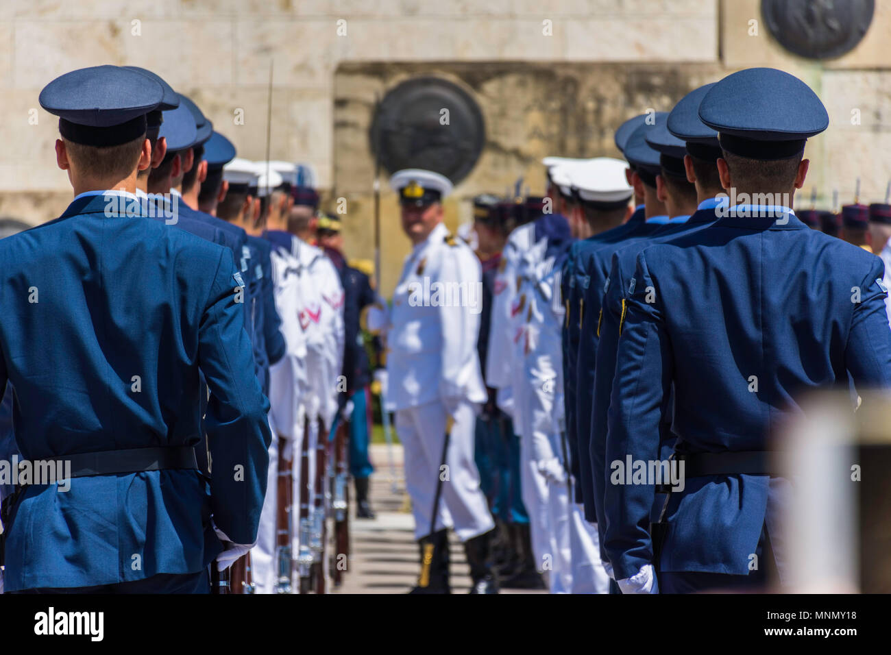 A formation line of Greek armed forces soldiers in military formation ...