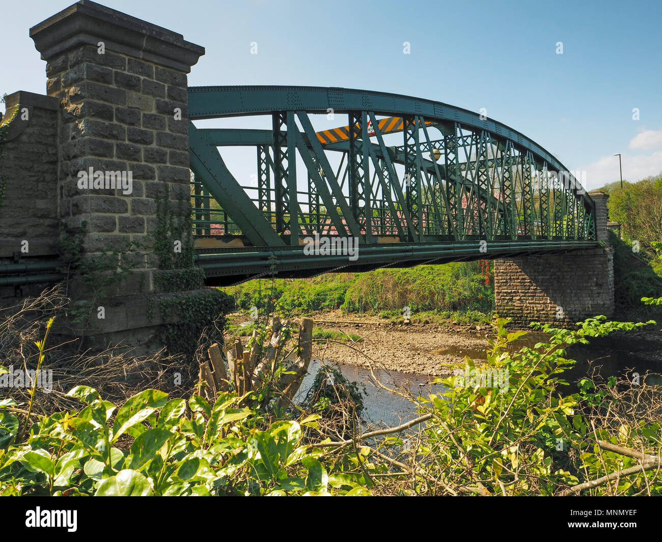 Light controlled single lane bridge over the River Wear at Fatfield, Co. Durham, England. Stock Photo